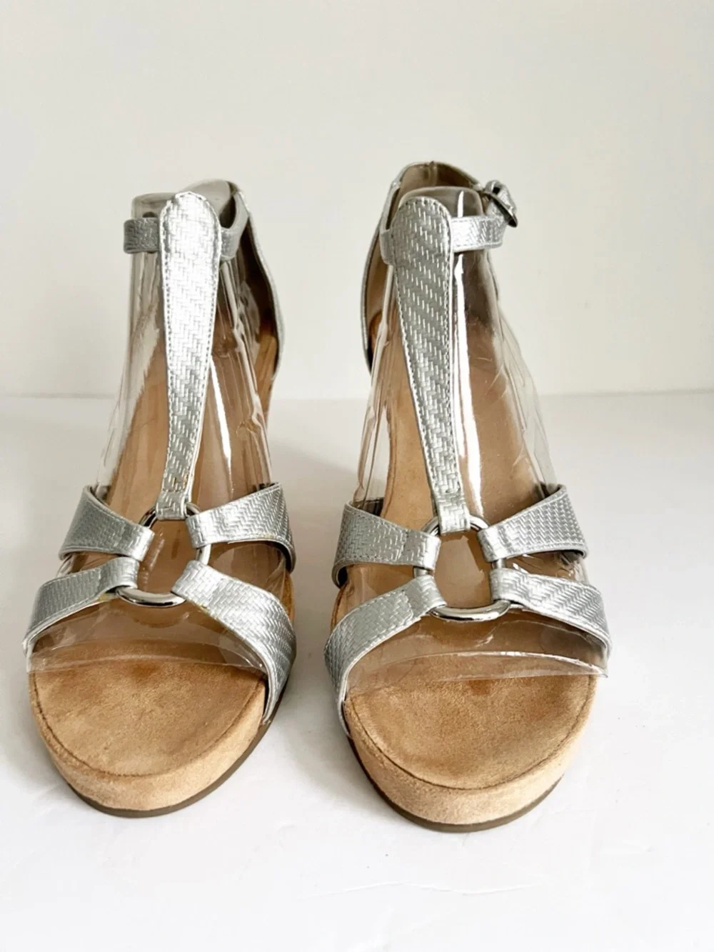 SZ 11 Aerosoles Plush Ahead Silver Wedge Sandals